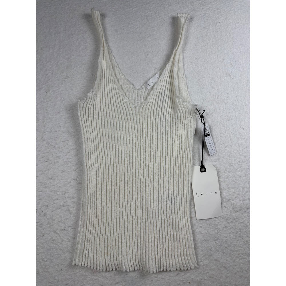 Leith Women Ivory White Ribbed Knit Linen Blend V-Neck Camisole Tank Top Small